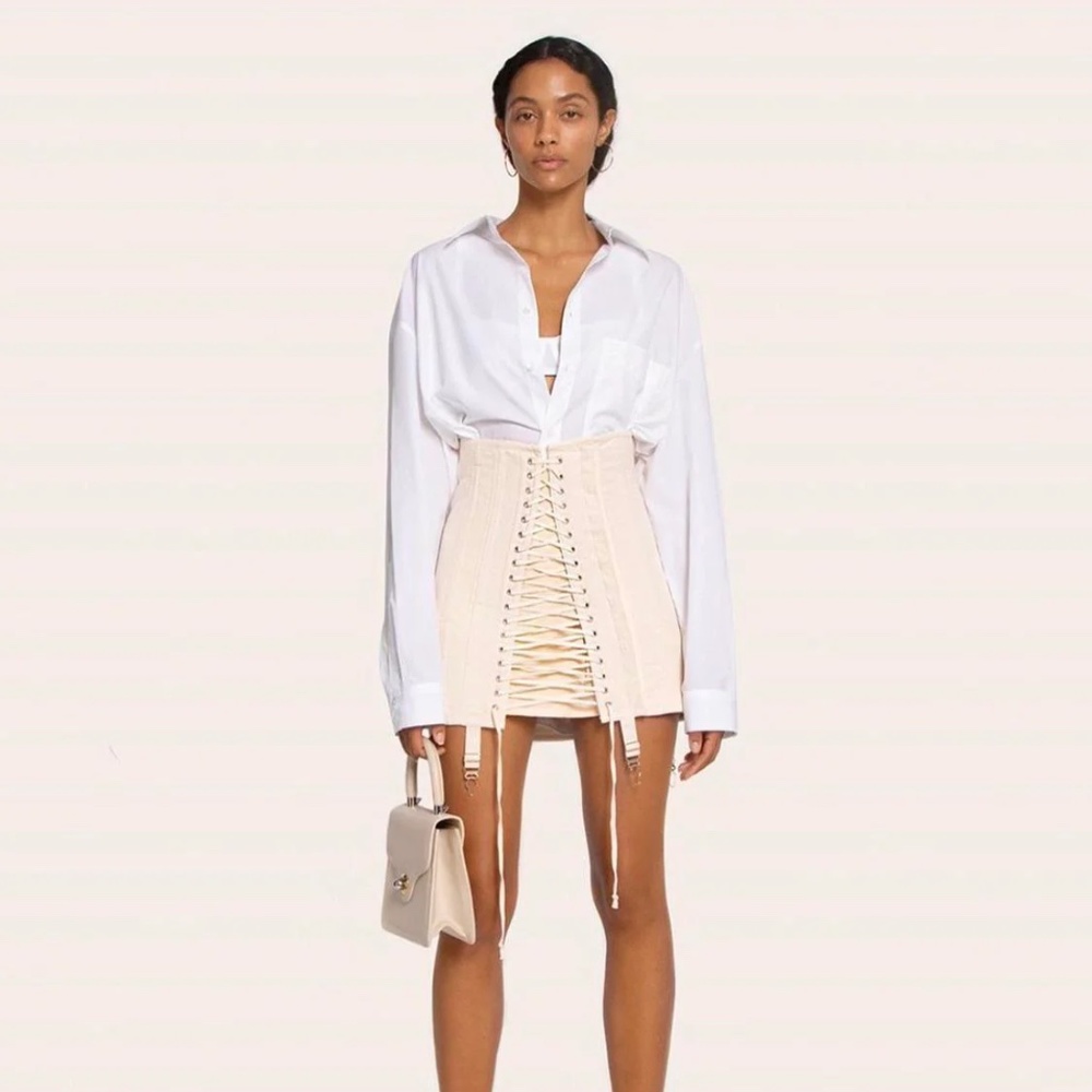 Orseund Iris Gamine Lace Up Corset Skirt in Off White